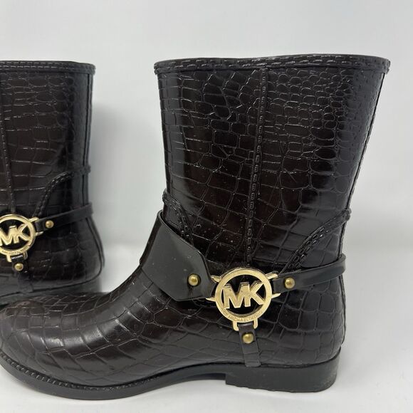 Michael Kors Rain Booties Dark Brown Croc Embossed Equestrian Rubber Rainboot S7 - Picture 9 of 14